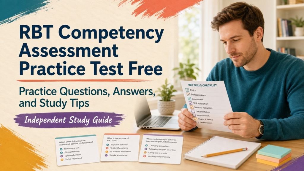 RBT competency assessment practice test free cover with a white adult learner reviewing skills checklist