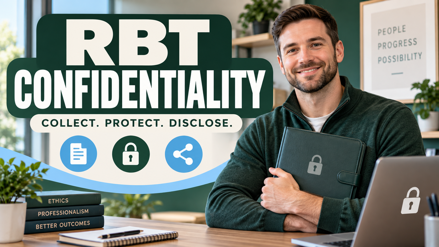 rbt confidentiality guide with a white adult man protecting a secure client record