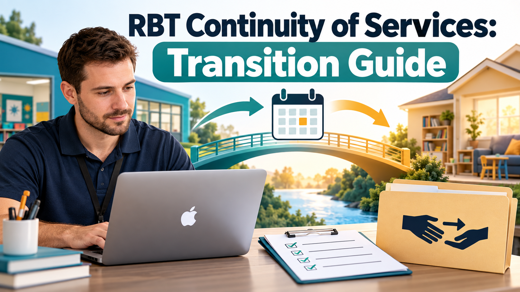 RBT Continuity of Services transition guide cover with a white man RBT professional at an Apple laptop