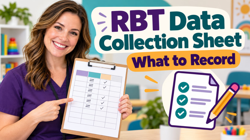 RBT Data Collection Sheet cover with a white woman holding a de-identified data table on a clipboard