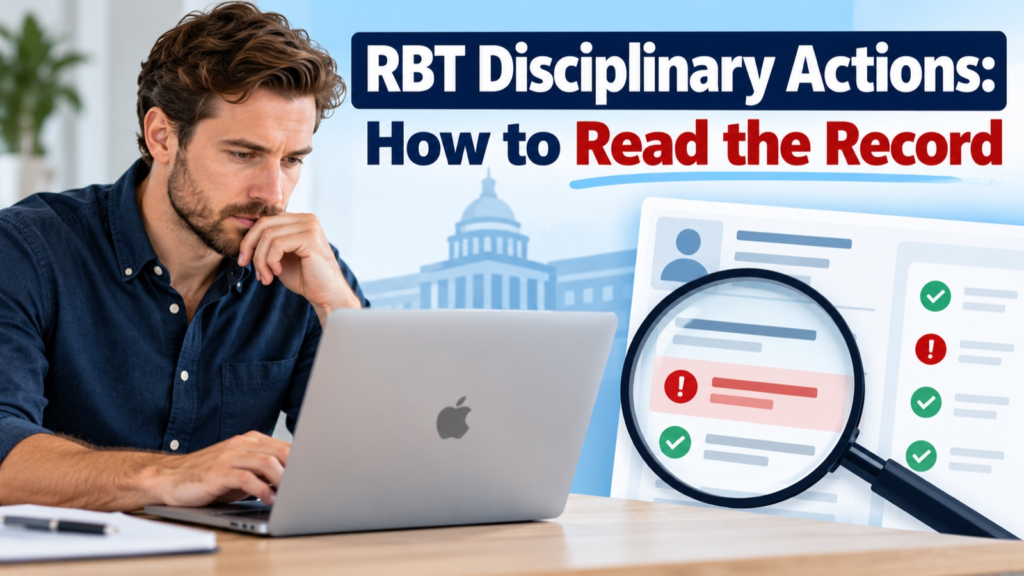 RBT Disciplinary Actions how to read the record cover with a white man reviewing an official record on an Apple laptop