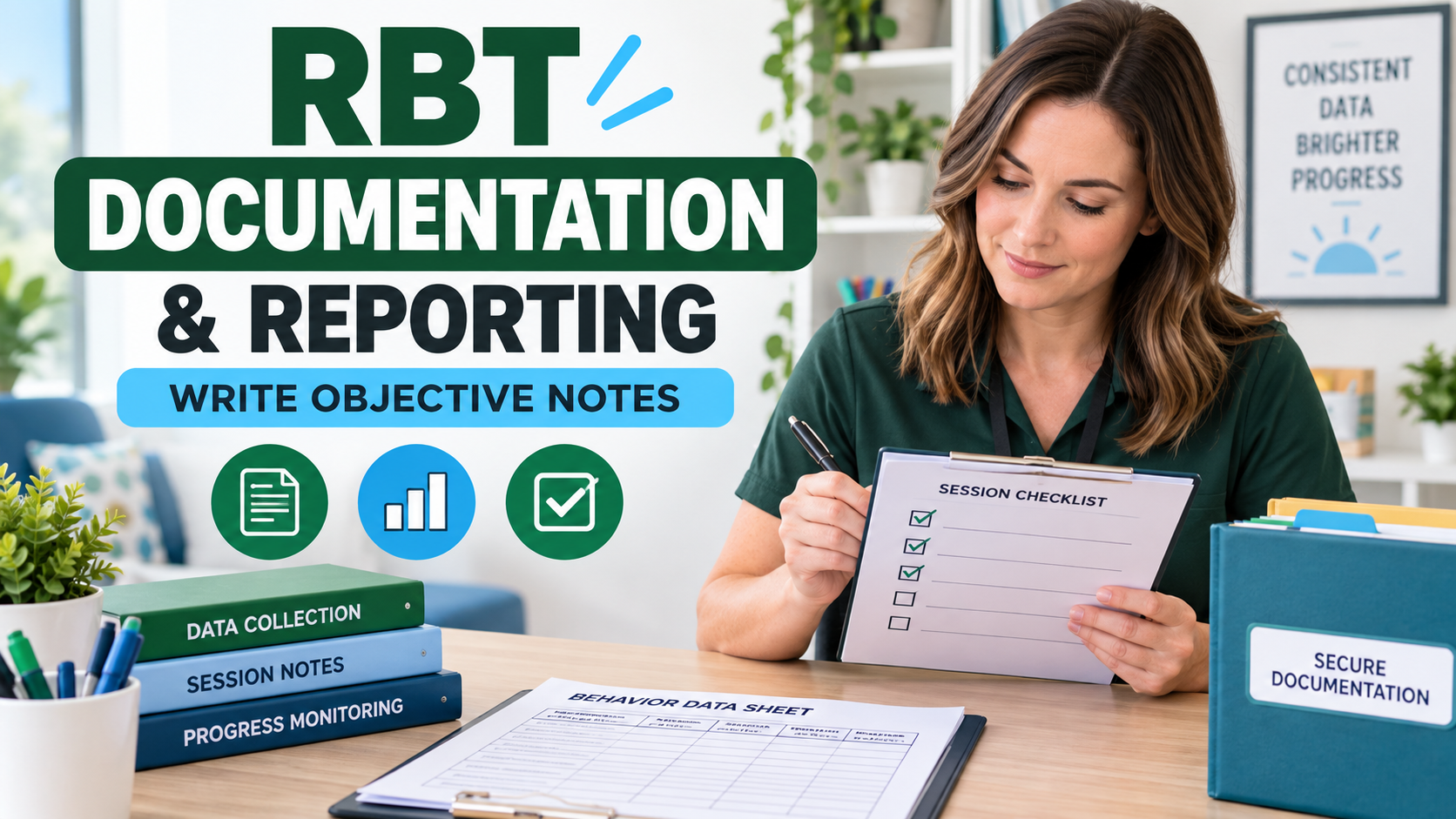 White woman reviewing an RBT documentation and reporting checklist
