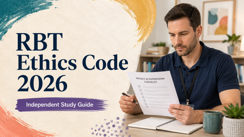 rbt ethics code 2026 cover with a white adult technician reviewing a privacy and supervision checklist