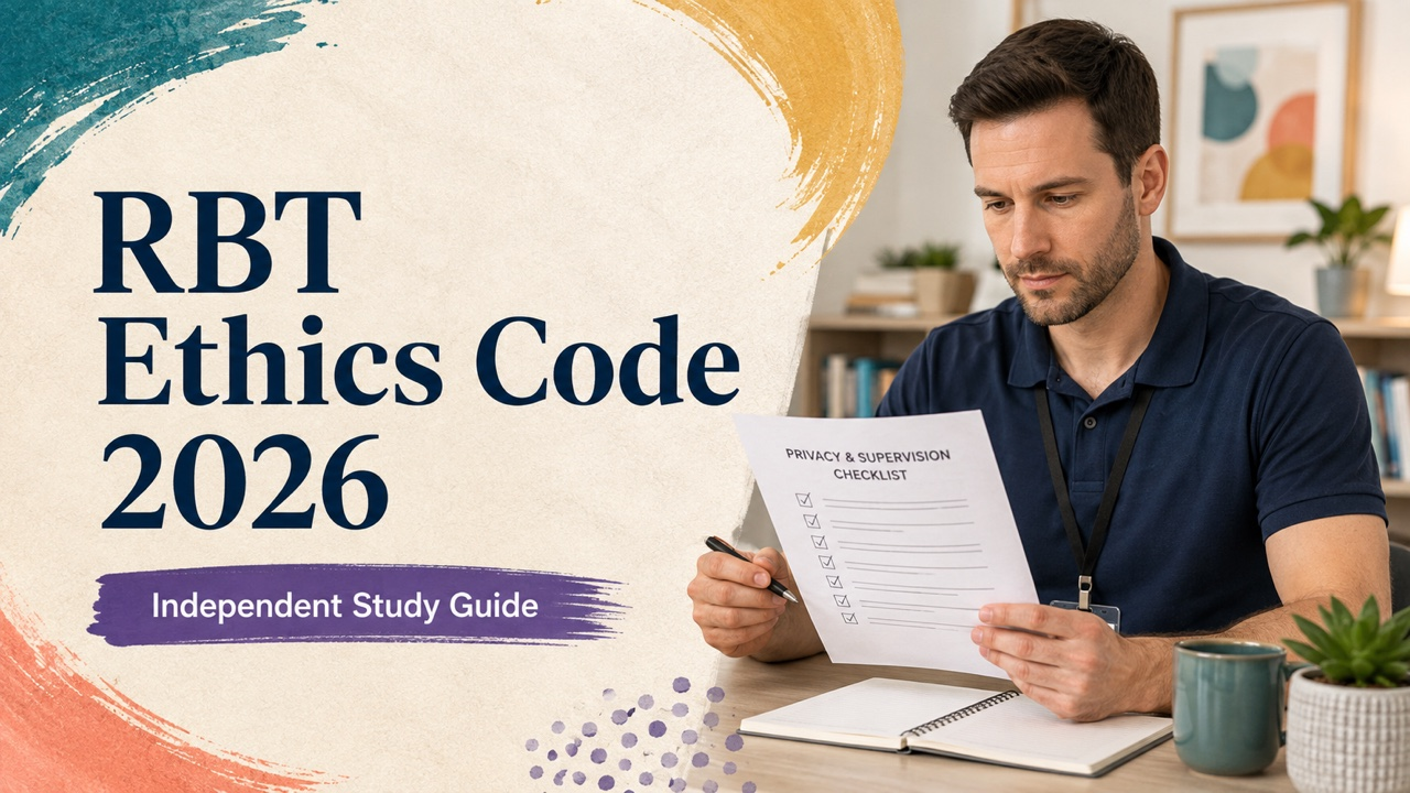 rbt ethics code 2026 cover with a white adult technician reviewing a privacy and supervision checklist