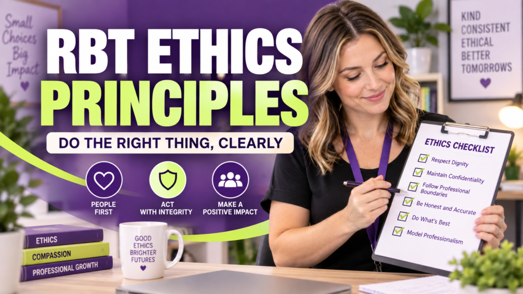 rbt ethics principles guide with a white adult woman reviewing an ethics checklist