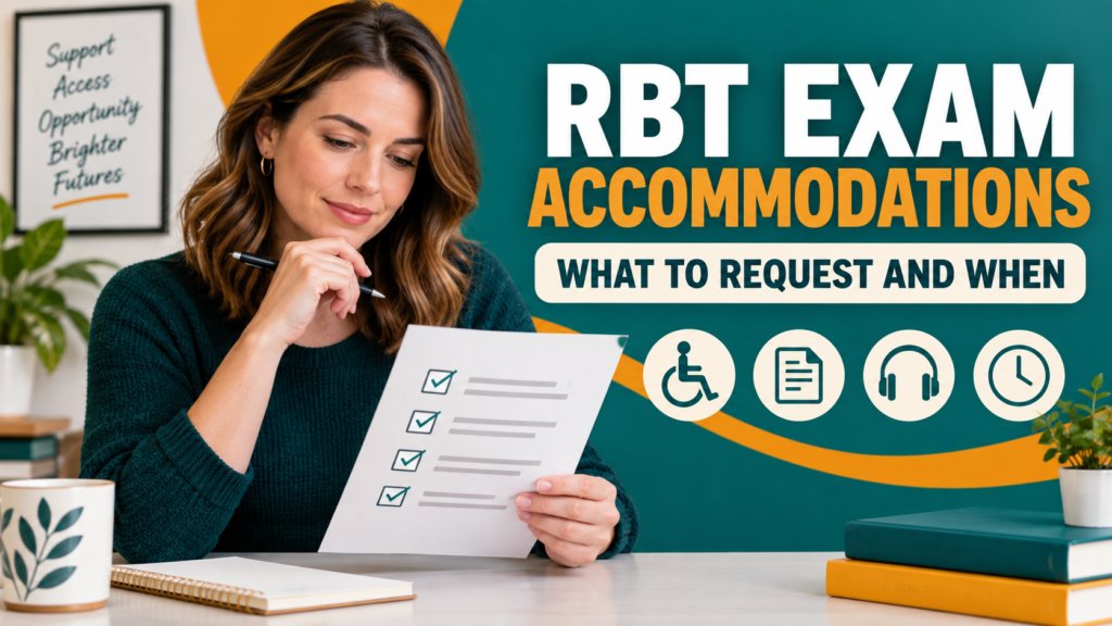exam accommodations - White woman reviewing an RBT exam accommodation checklist
