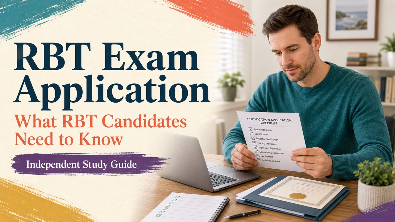 RBT exam application study guide cover with a white adult candidate organizing certification documents