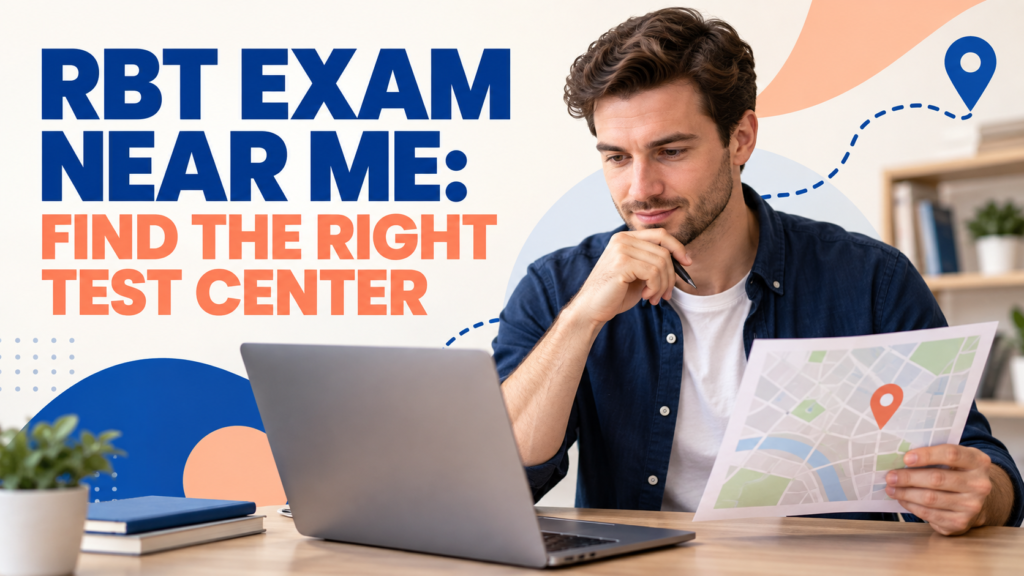 rbt exam near me planning scene with a white adult man reviewing an official test center map