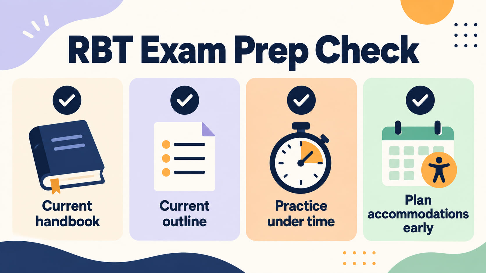 how to take the rbt exam - RBT exam preparation checklist showing the current handbook, current outline, timed practice, and