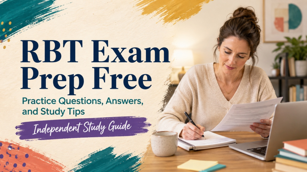 rbt exam prep free cover with a white adult learner reviewing original practice questions