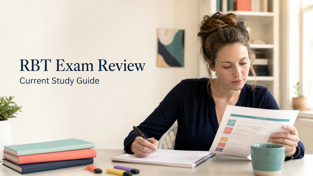 rbt exam review study guide with white adult learner organizing an RBT study plan