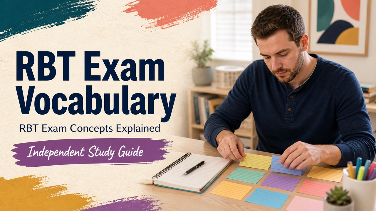 rbt exam vocabulary cover with a white adult learner organizing a study vocabulary sheet