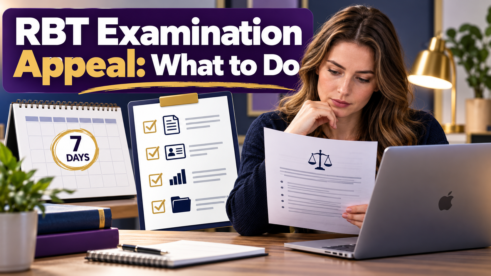 RBT Examination Appeal what to do cover with a white woman reviewing an appeal form at an Apple laptop