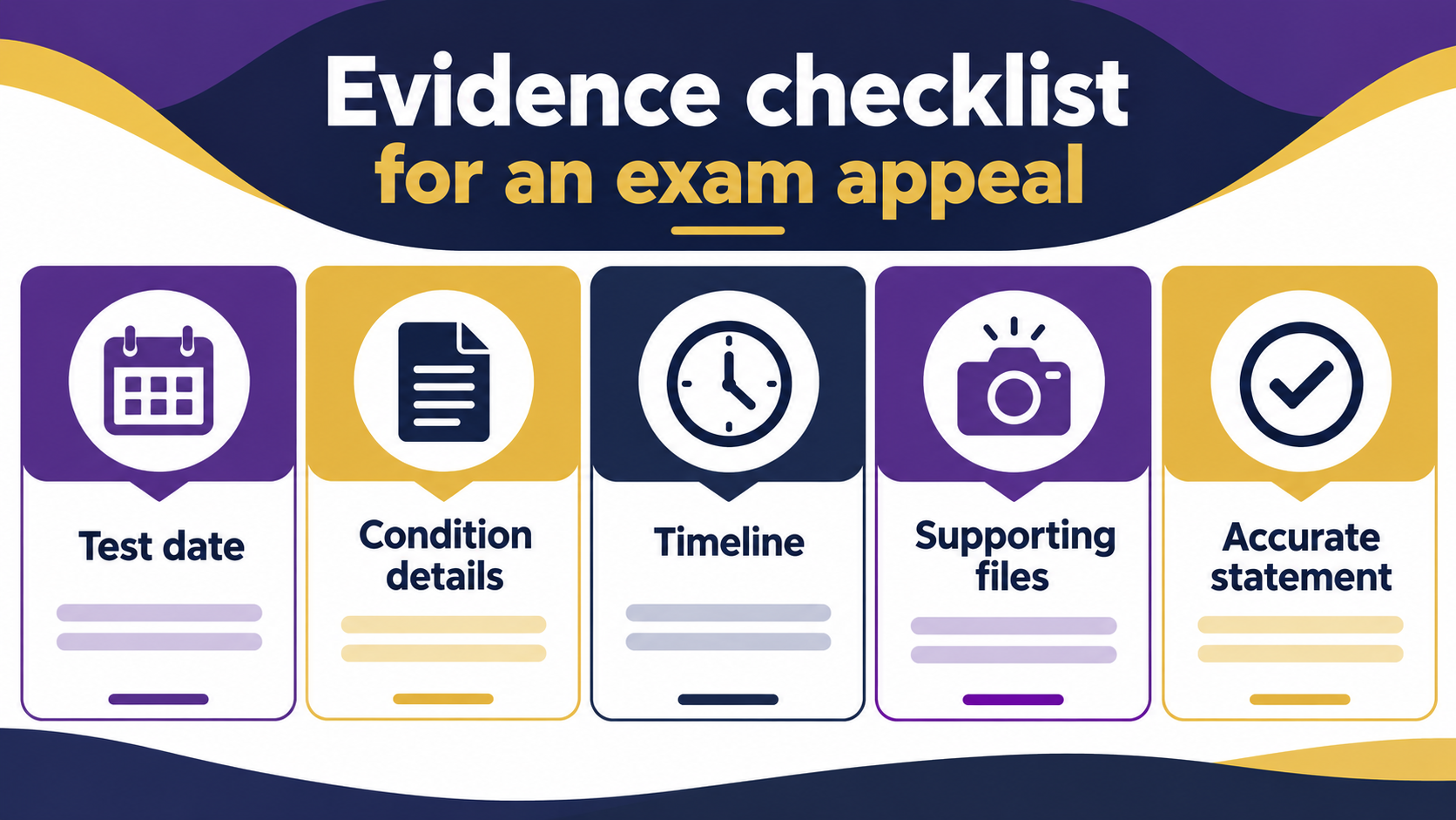 Evidence checklist for an RBT examination appeal showing test date, condition details, timeline, supporting files, and accura