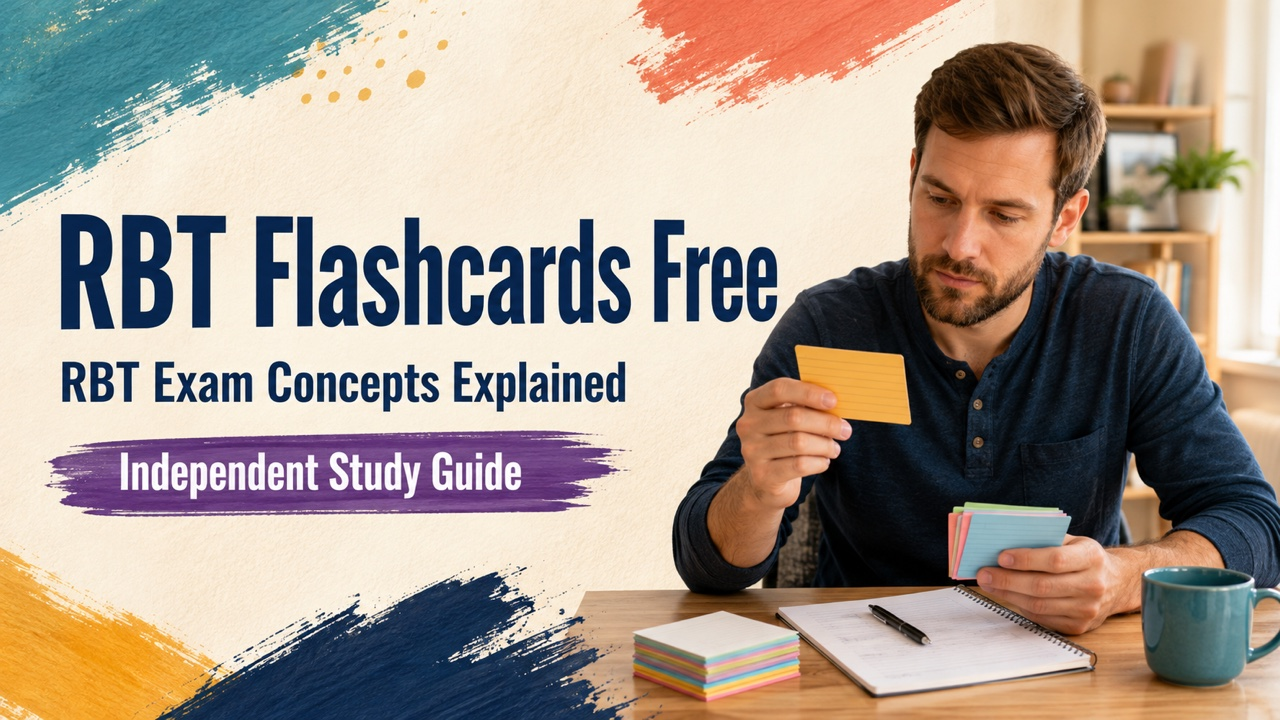 rbt flashcards free cover with a white adult learner reviewing colorful study cards