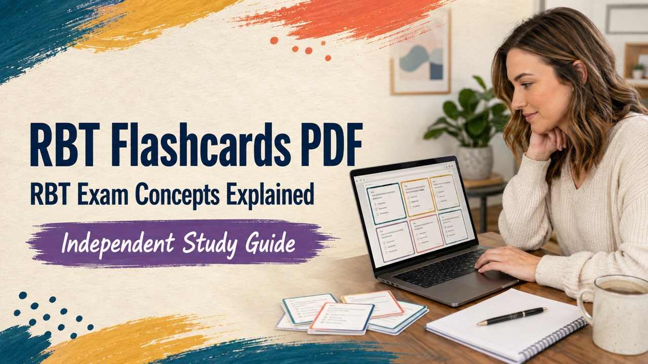 rbt flashcards pdf cover with a white adult learner reviewing a printable card document