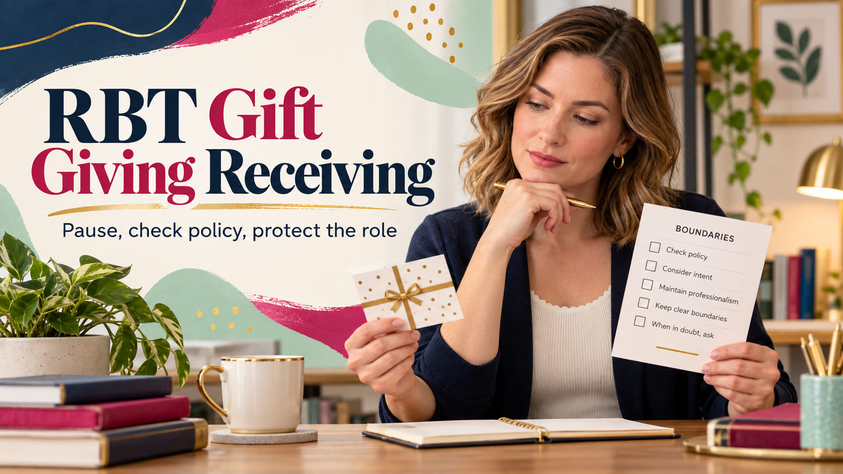 RBT Gift Giving Receiving cover with a white woman reviewing a gift and professional-boundary checklist