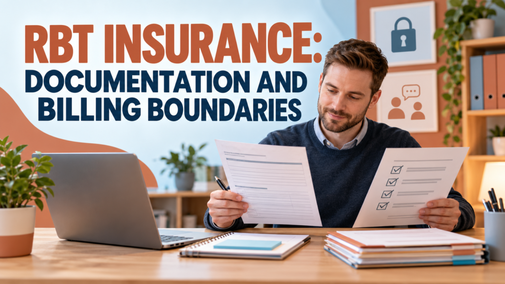 rbt insurance documentation with a white adult man reviewing a session note and authorization checklist beside a laptop