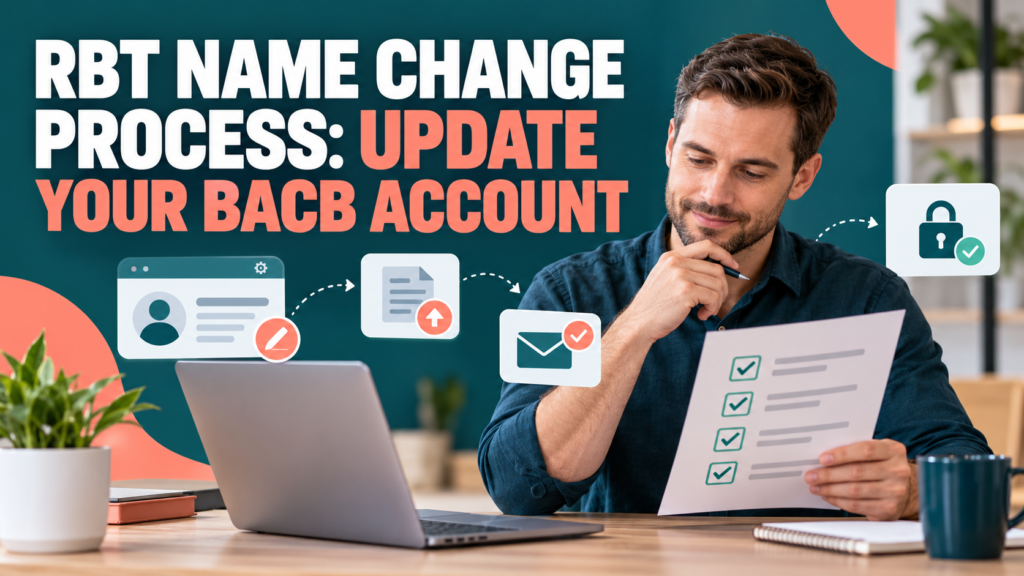 rbt name change process with a white adult man reviewing a BACB profile update checklist beside a laptop
