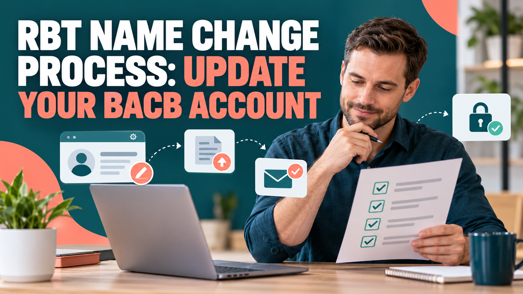 rbt name change process with a white adult man reviewing a BACB profile update checklist beside a laptop