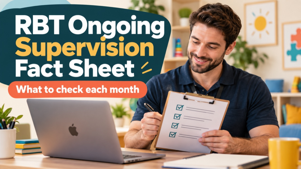 RBT ongoing supervision fact sheet cover with a white man reviewing a supervision checklist beside an Apple laptop