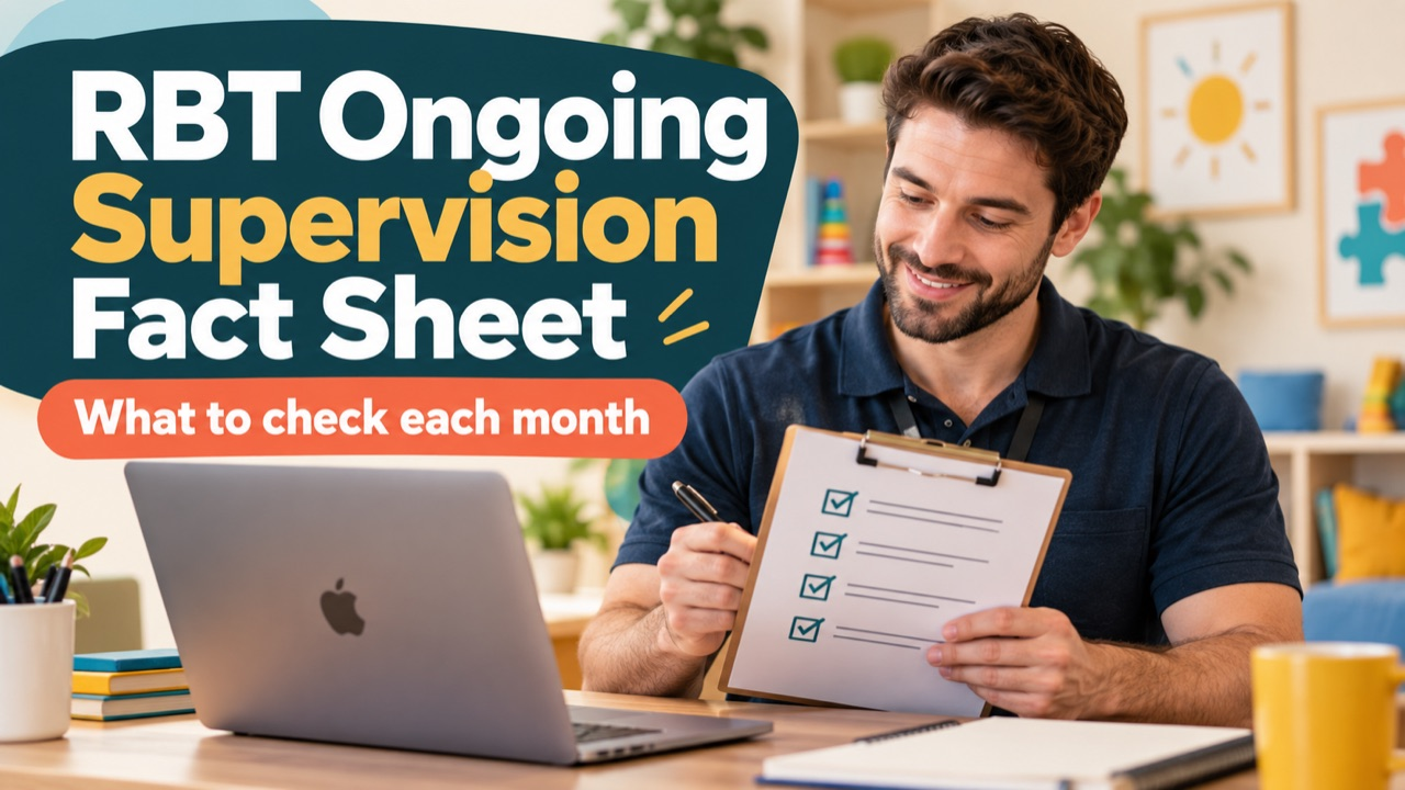 RBT ongoing supervision fact sheet cover with a white man reviewing a supervision checklist beside an Apple laptop