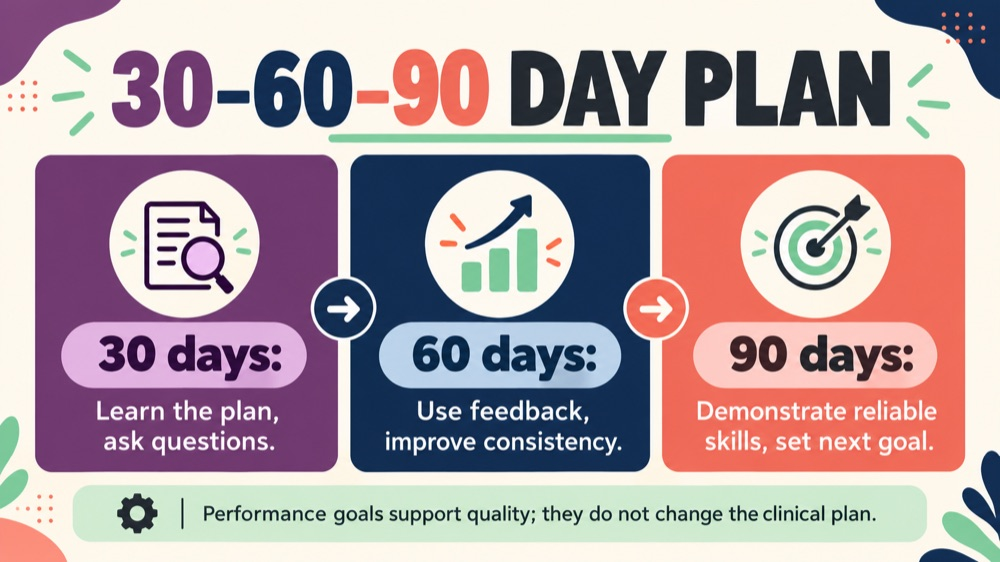 rbt performance goals - RBT 30 60 90 day performance plan infographic for learning the plan, using feedback, and demonstratin