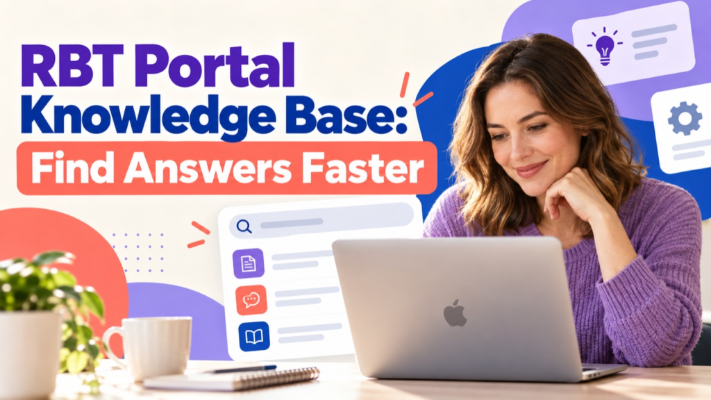 RBT portal knowledge base cover with a white woman finding BACB account answers on an Apple laptop