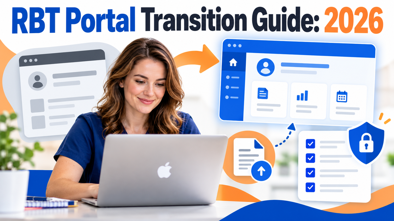 RBT Portal Transition Guide 2026 cover with a white woman using an Apple laptop