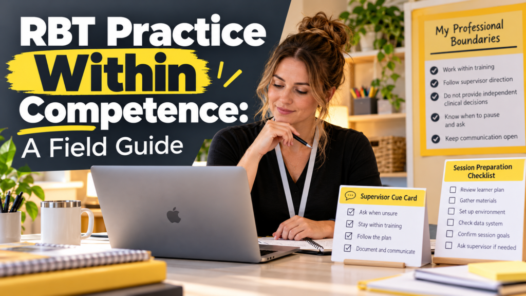 RBT practice within competence with a white adult woman reviewing a supervisor cue card beside an Apple laptop