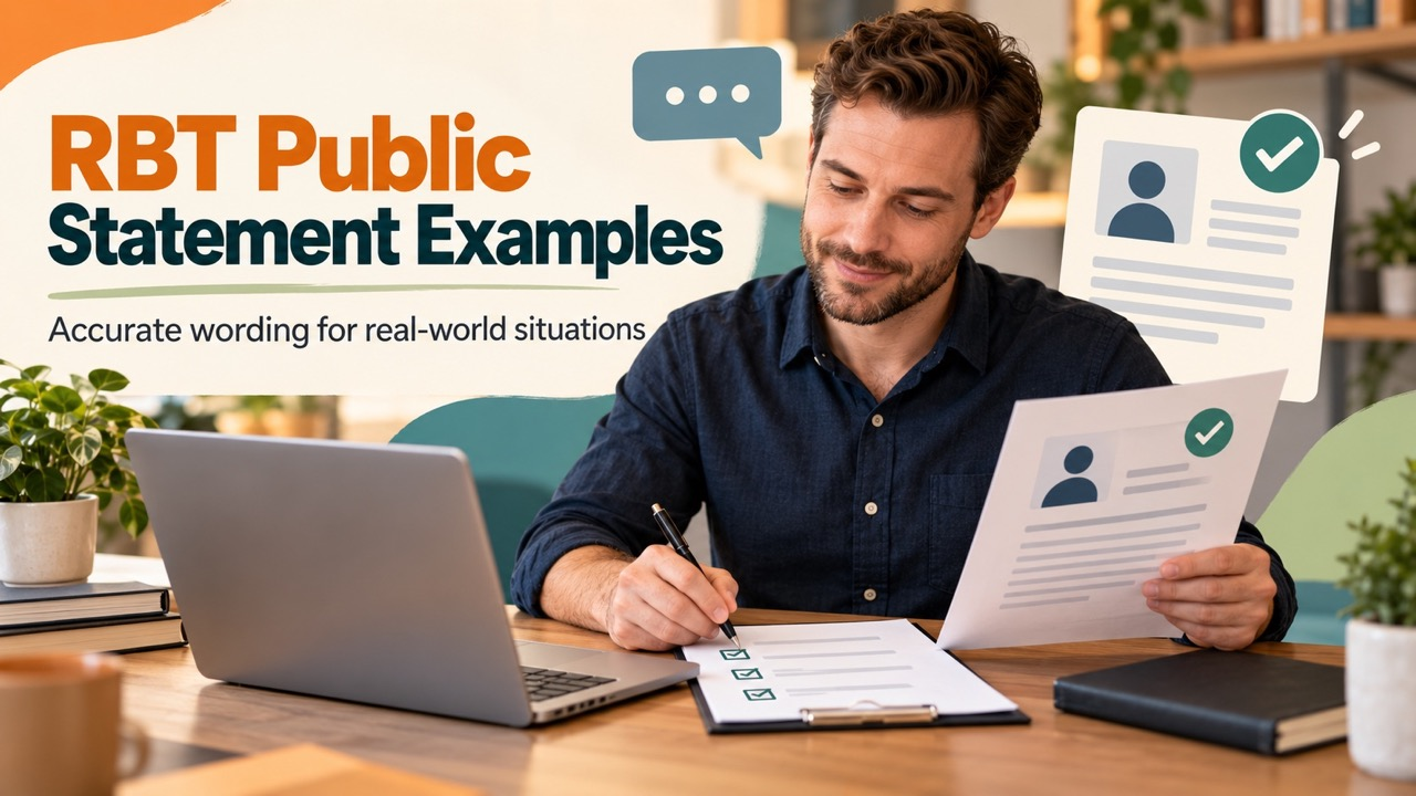 RBT public statement examples cover with a white man editing a profile and communication checklist