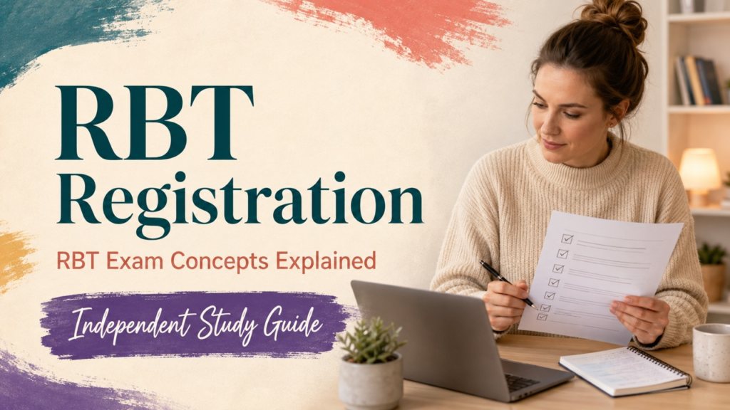 rbt registration cover with a white adult learner reviewing a registration checklist