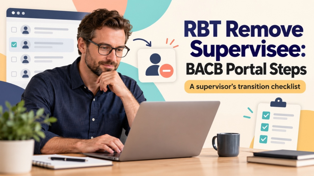 RBT remove supervisee cover with a white man reviewing a BACB Portal supervision roster