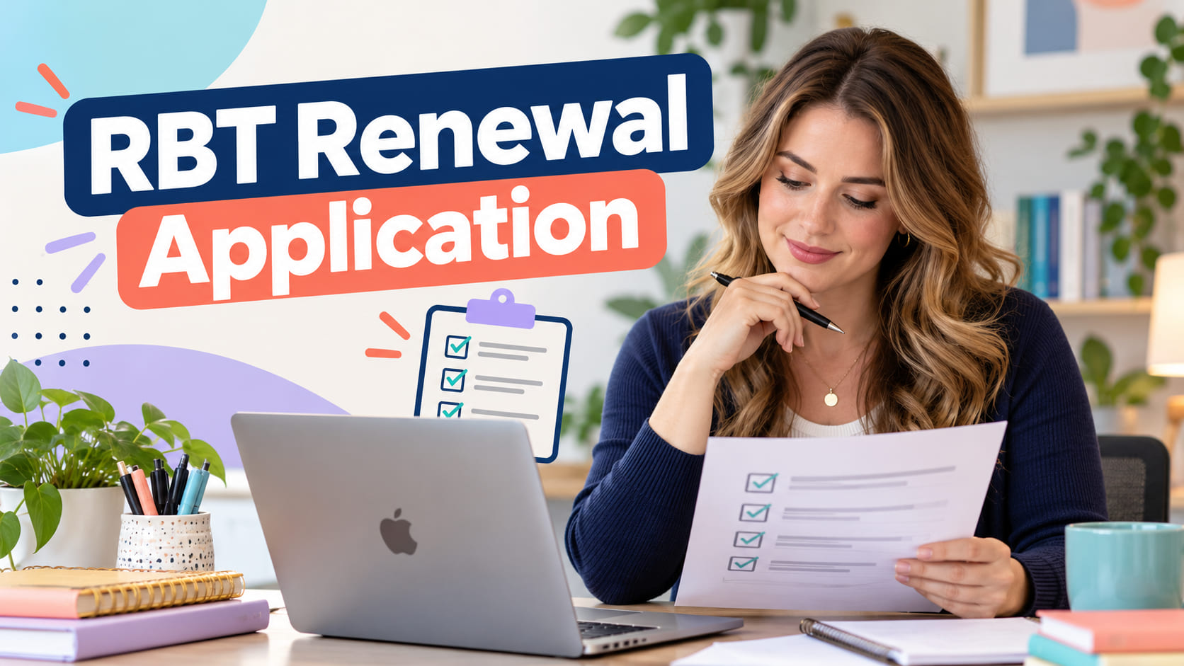 RBT Renewal Application cover with a white woman reviewing a checklist beside an Apple laptop