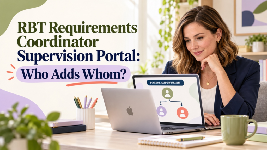 RBT requirements coordinator supervision portal cover showing a white woman reviewing who adds whom in an Apple laptop portal