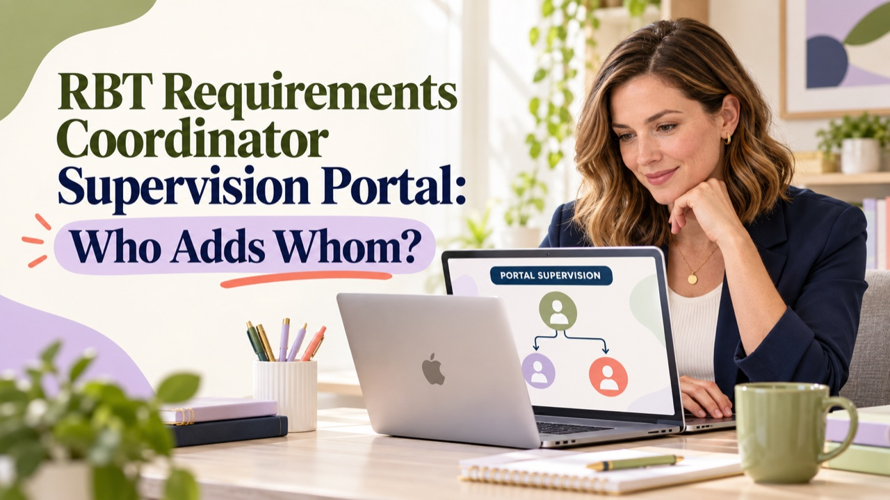 RBT requirements coordinator supervision portal cover showing a white woman reviewing who adds whom in an Apple laptop portal