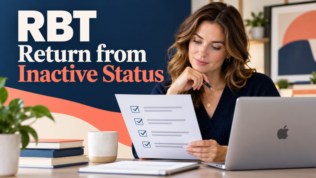 RBT Return from Inactive Status cover with a white woman reviewing a status-return checklist beside an Apple MacBook