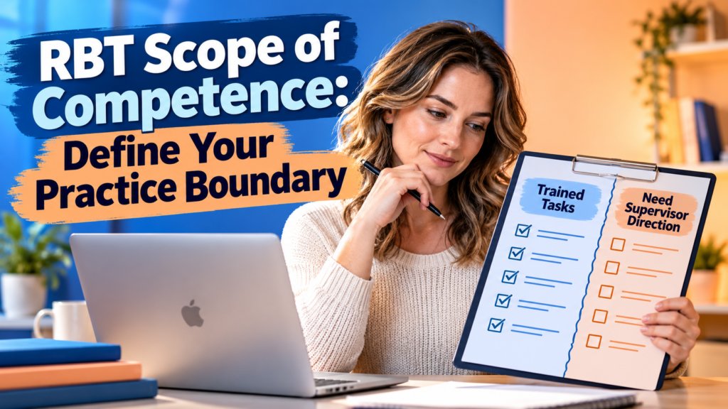 RBT scope of competence guide with a white adult woman reviewing a four-layer practice-boundary map beside an Apple laptop