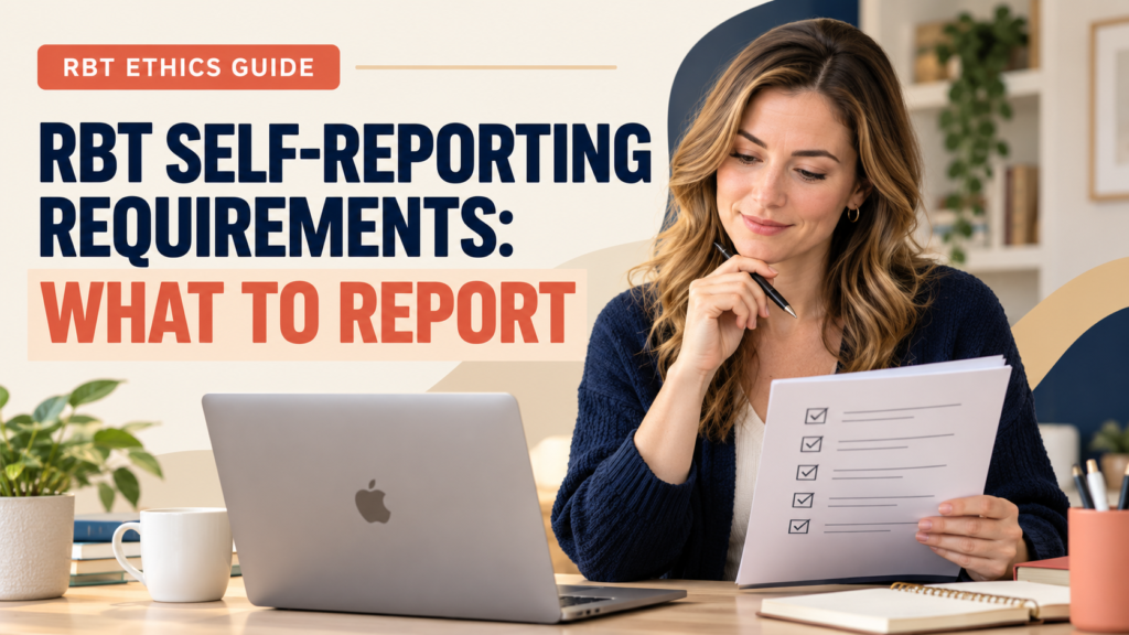 rbt self reporting requirements with a white adult woman reviewing an ethics reporting checklist beside a laptop