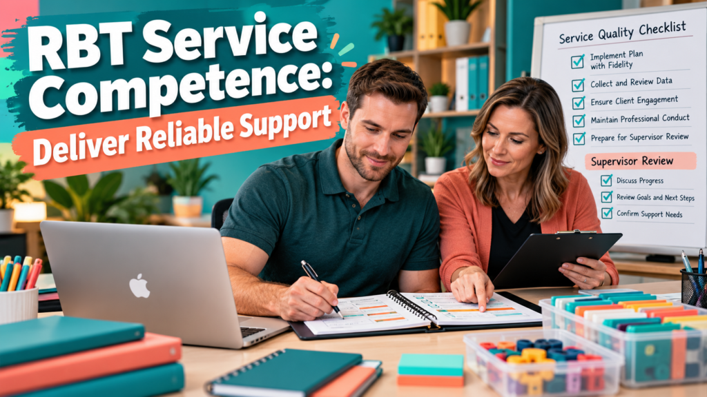 RBT service competence with a white adult man reviewing a service quality checklist beside an Apple laptop