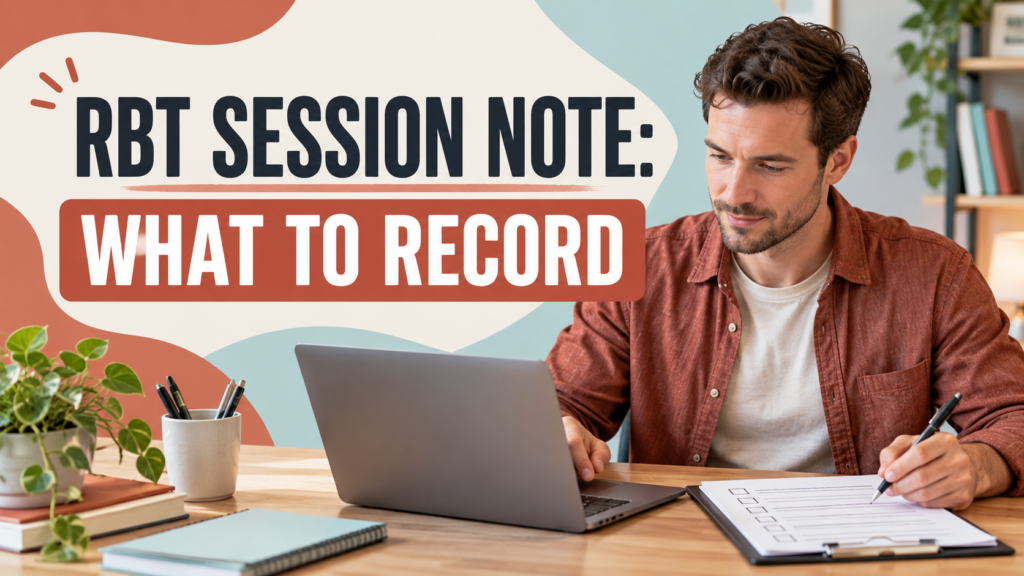 RBT session note documentation review with a white adult man checking objective service records