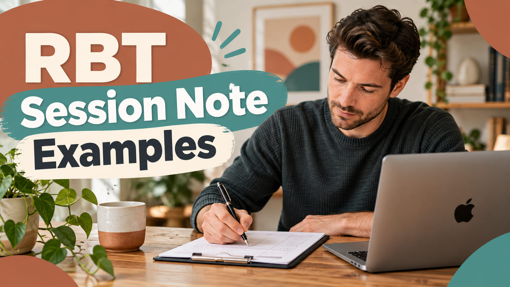 RBT Session Note Examples cover with a white man writing an objective note beside an Apple MacBook