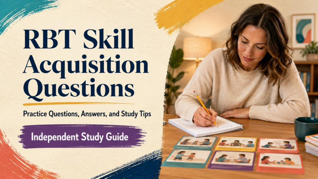 rbt skill acquisition questions cover with a white adult learner reviewing teaching scenarios