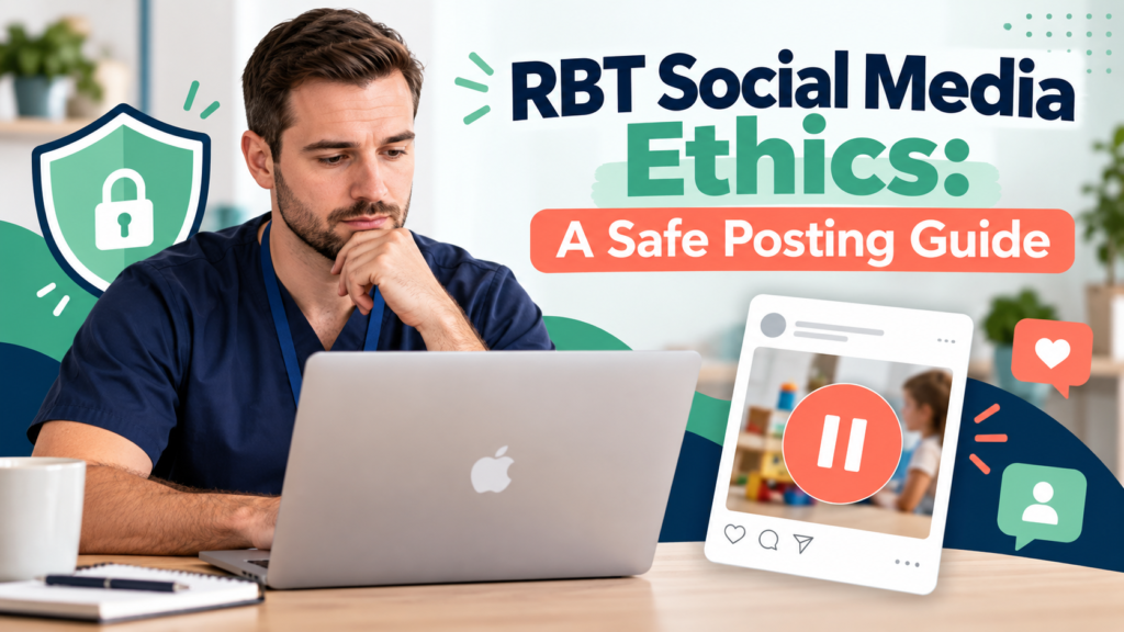 RBT Social Media Ethics safe posting guide cover with a white man RBT professional at an Apple laptop