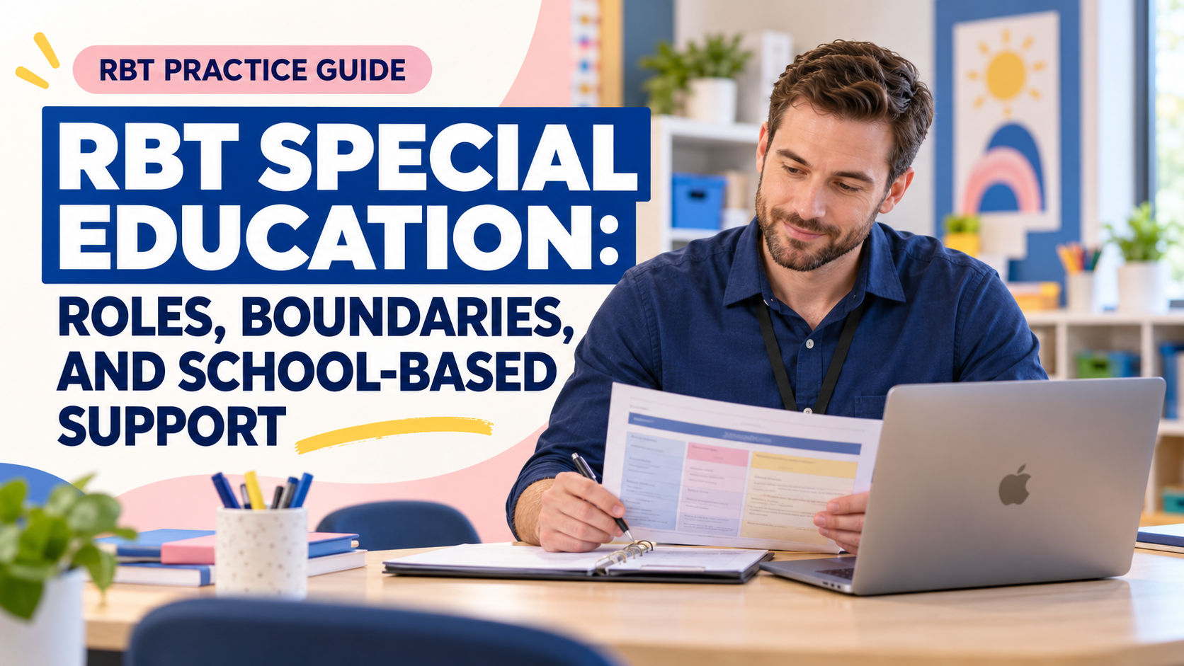 rbt special education with a white adult man reviewing a classroom behavior support plan beside a laptop