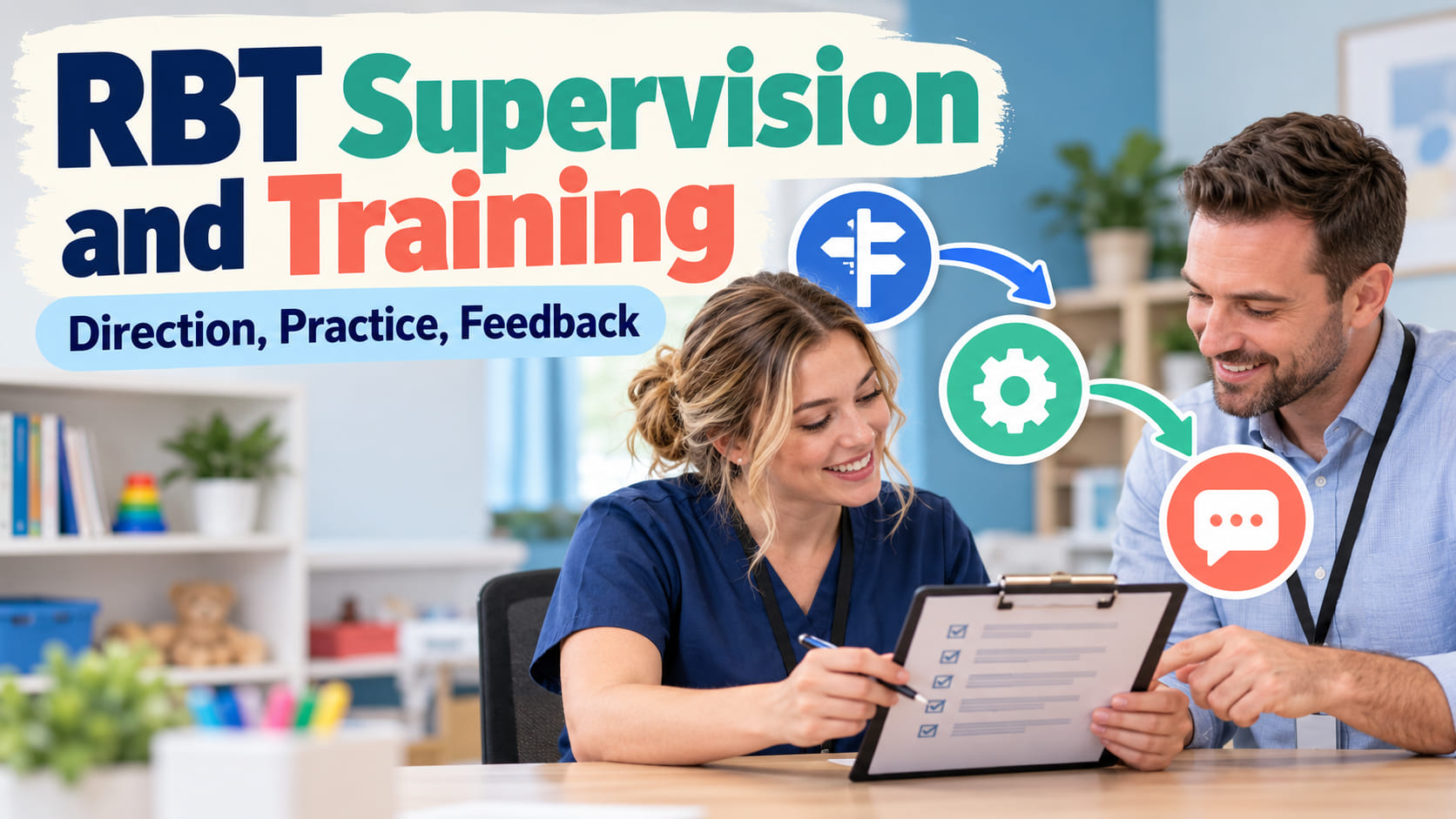 RBT Supervision and Training cover with a white woman and white man reviewing a de-identified checklist