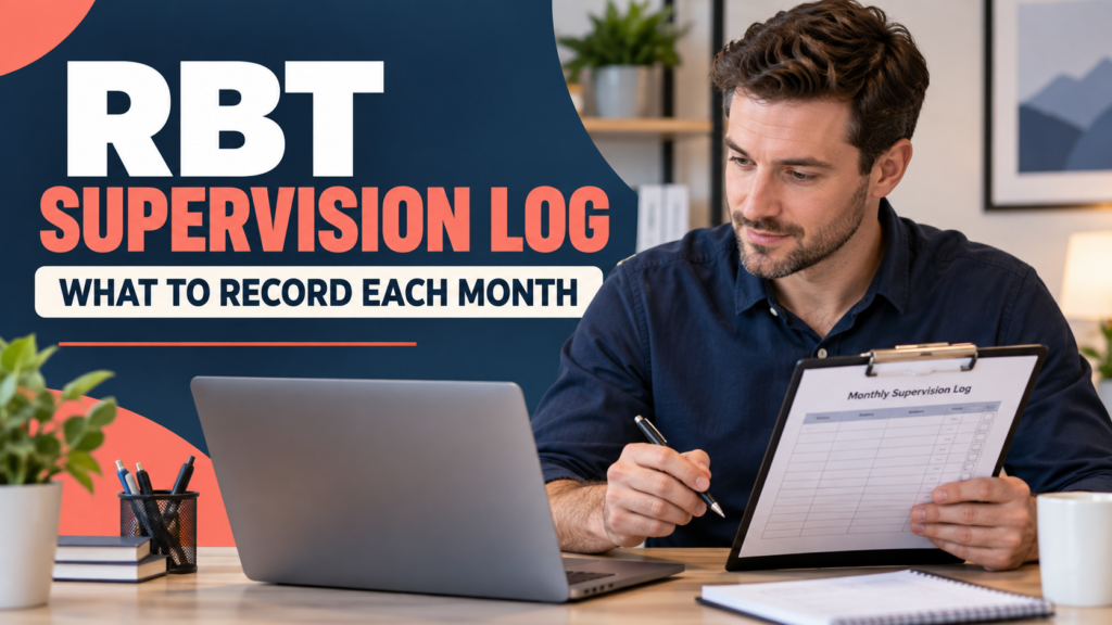 rbt supervision log - White adult male RBT reviewing a monthly supervision log on a laptop and clipboard