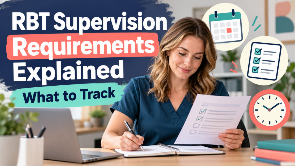 RBT Supervision Requirements Explained cover with a white woman reviewing a supervision checklist and calendar