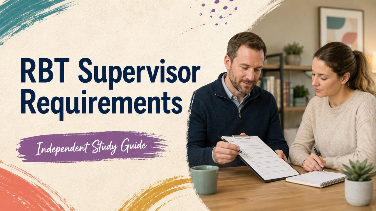 rbt supervisor requirements cover with a white adult supervisor and technician reviewing a supervision checklist