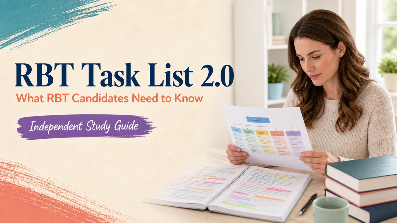 RBT task list 2.0 study guide cover with a white adult learner reviewing a behavior analysis blueprint